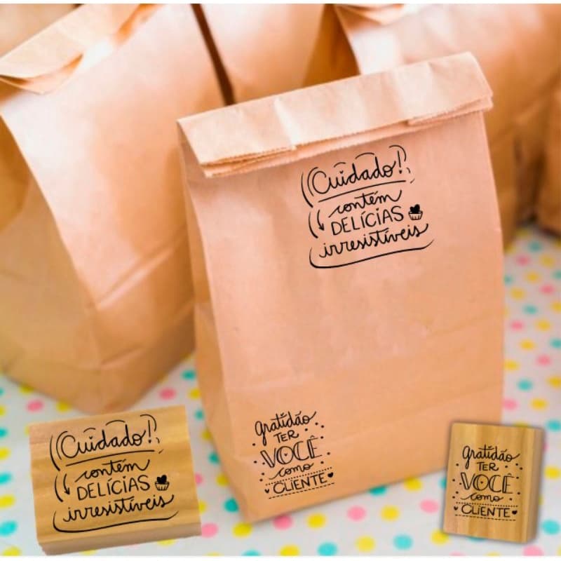 kit 2 carimbos para decoração de embalagens doces fast food lanches envio saco kraft bolsas