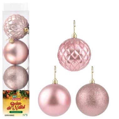 Bola De Natal Diamante 8cm 4 Peças Rose