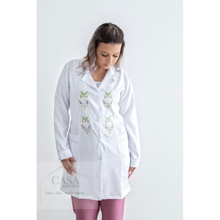 Jaleco Feminino Branco Bordado Microfibra ref:022  - ÓTIMA QUALIDADE