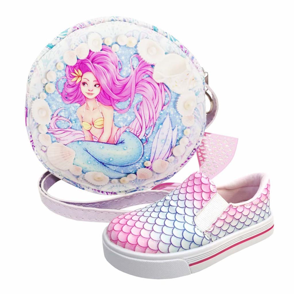 Kit Infantil Feminino Bolsa Infantil e Tênis Infantil Feminino Casual Sereia e Conchas, Tenis Infantil Menina Magicc Kids (008-073)