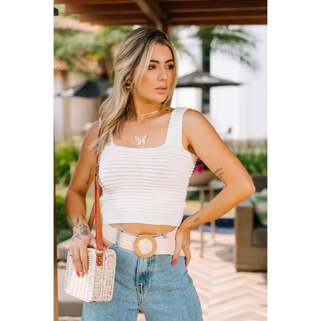 Blusa Regata Cropped Tricot Blogueira Modal Tendência Verão 2022