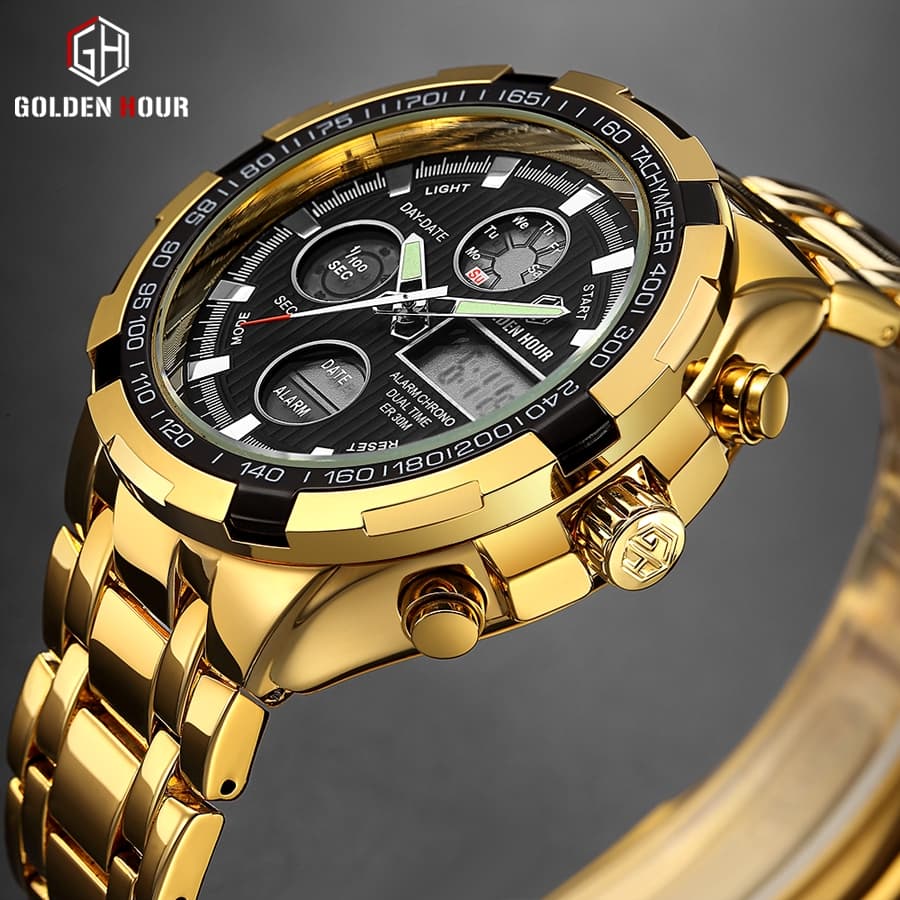 Relógio GOLDENHOUR DigitalAnalógico Quartzo/Pulseira de Aço Masculino Fashion/Relógio de Pulso Esportivo
