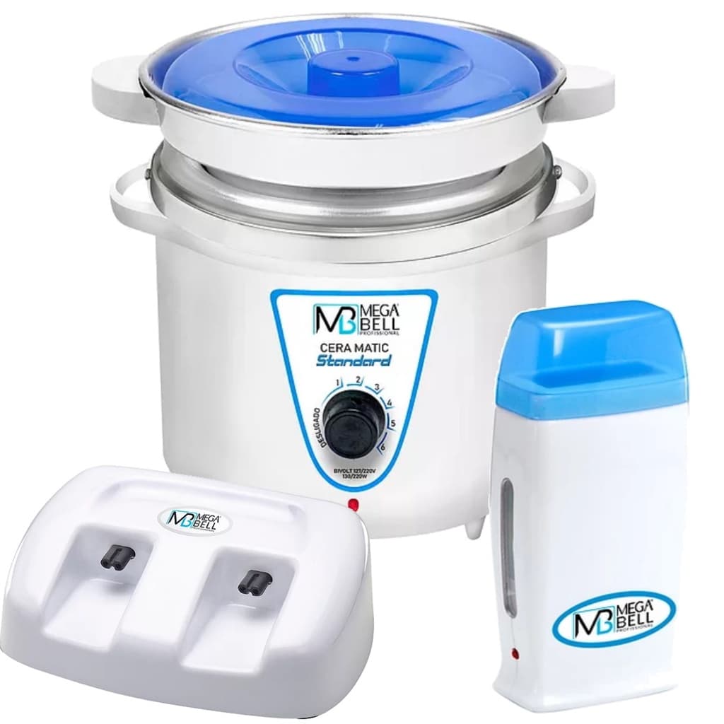 Termocera Panela Depilação 900g  c/ Refil + Base Dupla c/ 1 Rollon Branco c/ Azul Mega Bell