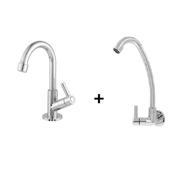 Torneira Lavabo Lavatorio Banheiro Abs 1/4 Volta + Torneira De Cozinha Parede Abs Cromada Bica Móvel 1/4 de Volta Cozinha