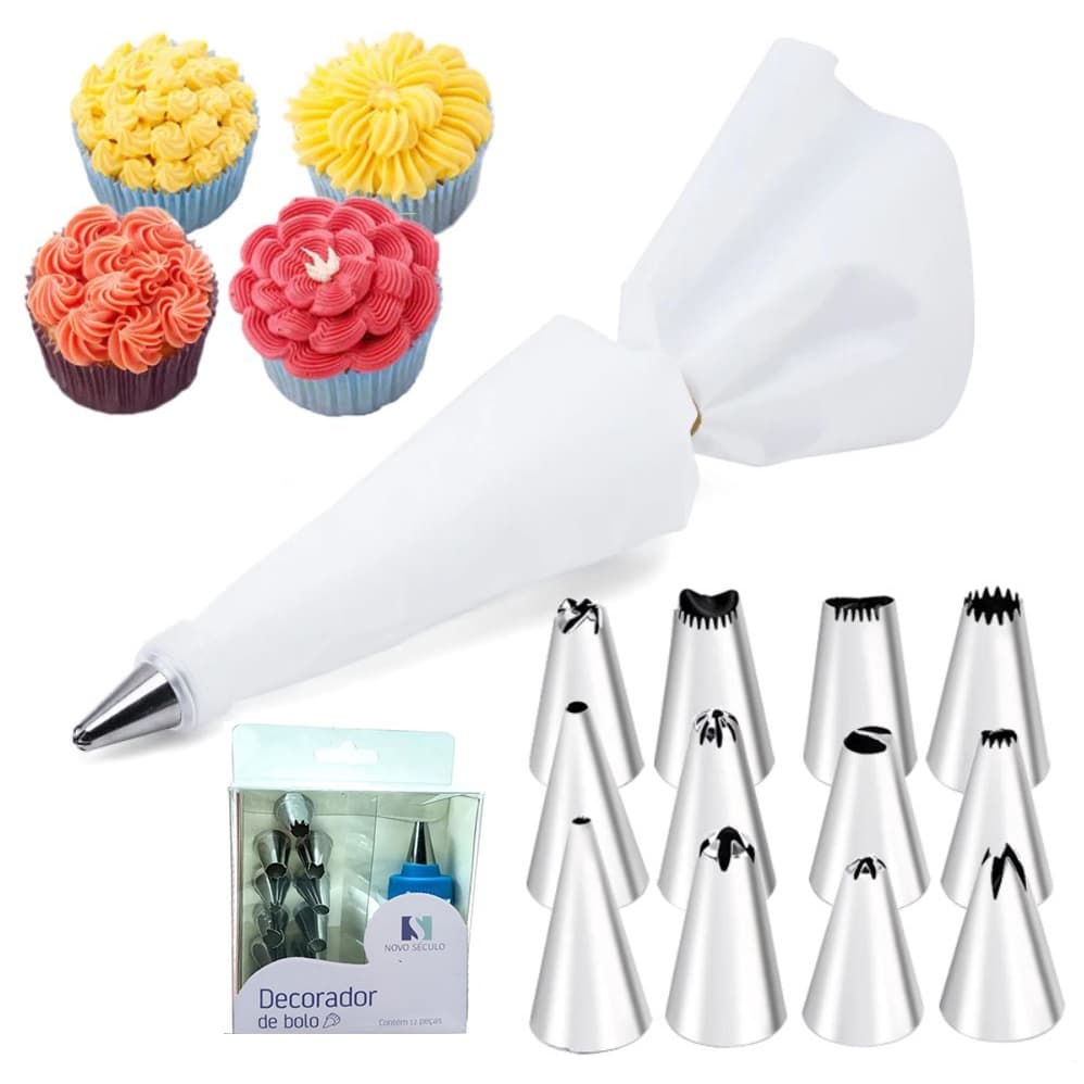Kit De Bicos Confeiteiro com 12 Bicos em Inox Saco de Confeitar e Adaptador Reutilizável