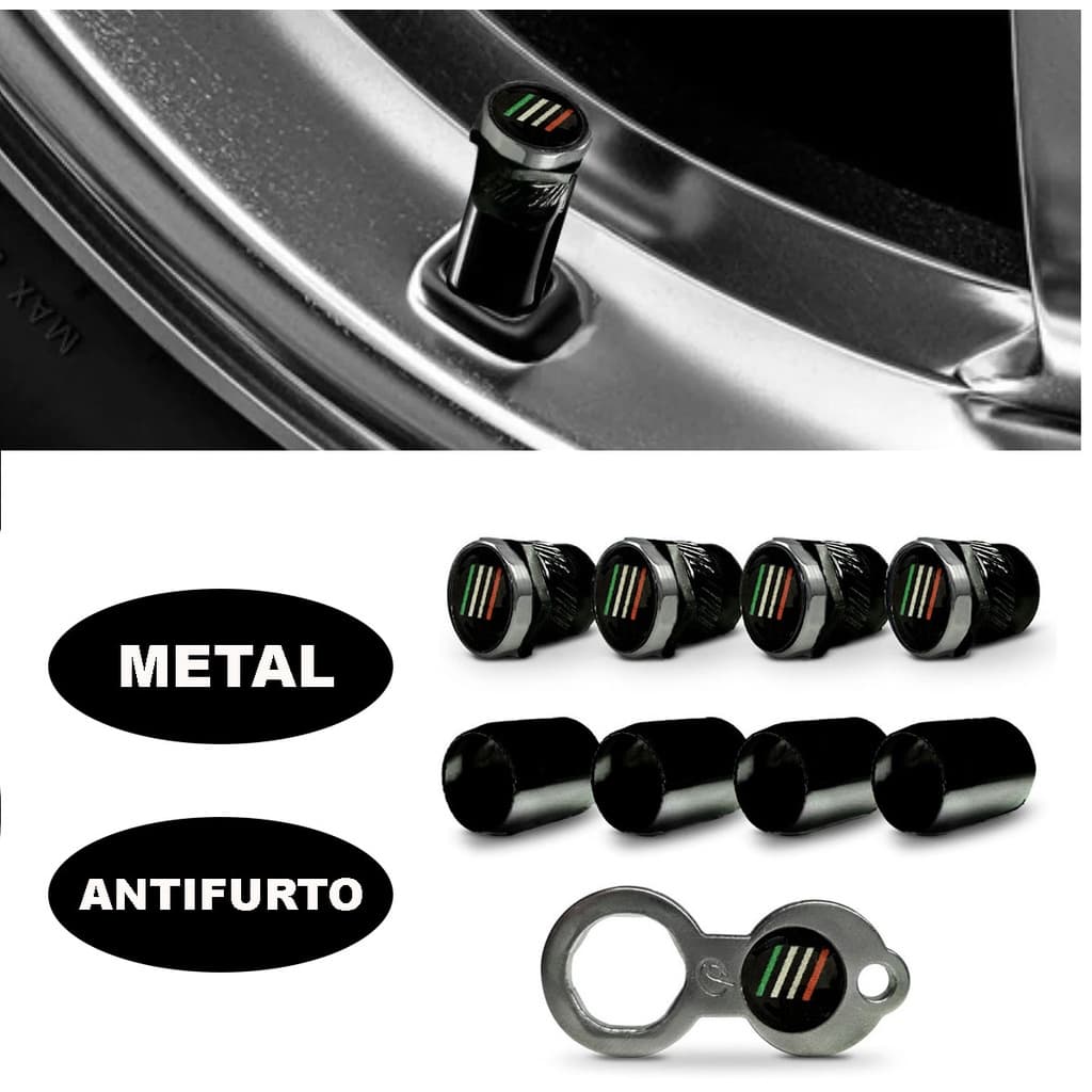 Kit Tampa Bico Pito Antifurto Pneu Roda Metal Preto Logo Fiat Italia