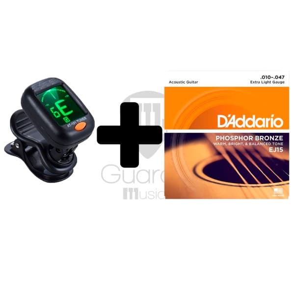 Afinador Saty Digital + Encordoamento D´addario EJ15 .010 Aço - Para violão