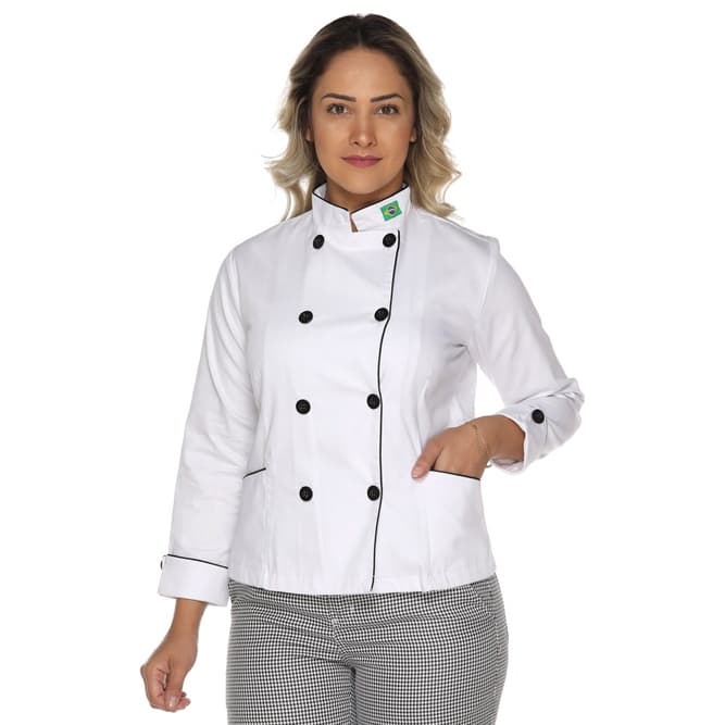 Dolmã chef de cozinha feminina com bandeira em algodão