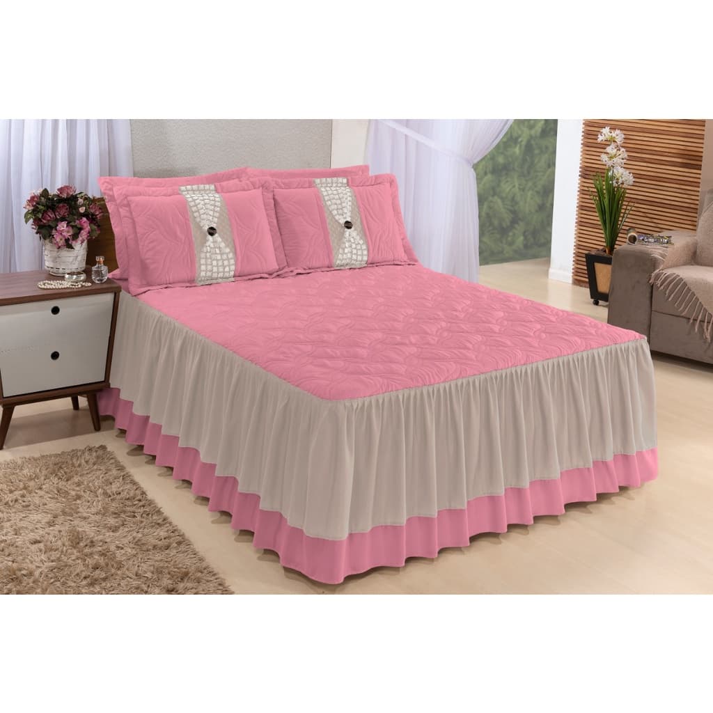 Colcha Casal Queen Kit 3 peças Bordada 2,70 X 2,60 Cama Box Rosa com Matelasse e babado