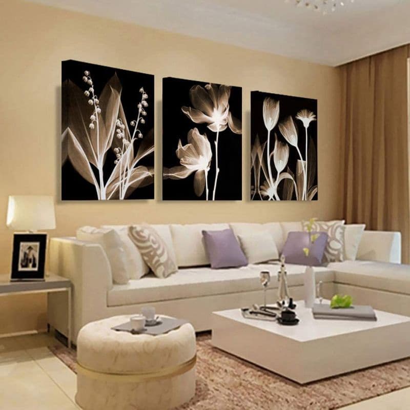 Quadros Decorativos Grande Mosaico Mdf 3 peças Flores Cores Neutras Lindo Parede Quarto Sala Moderno