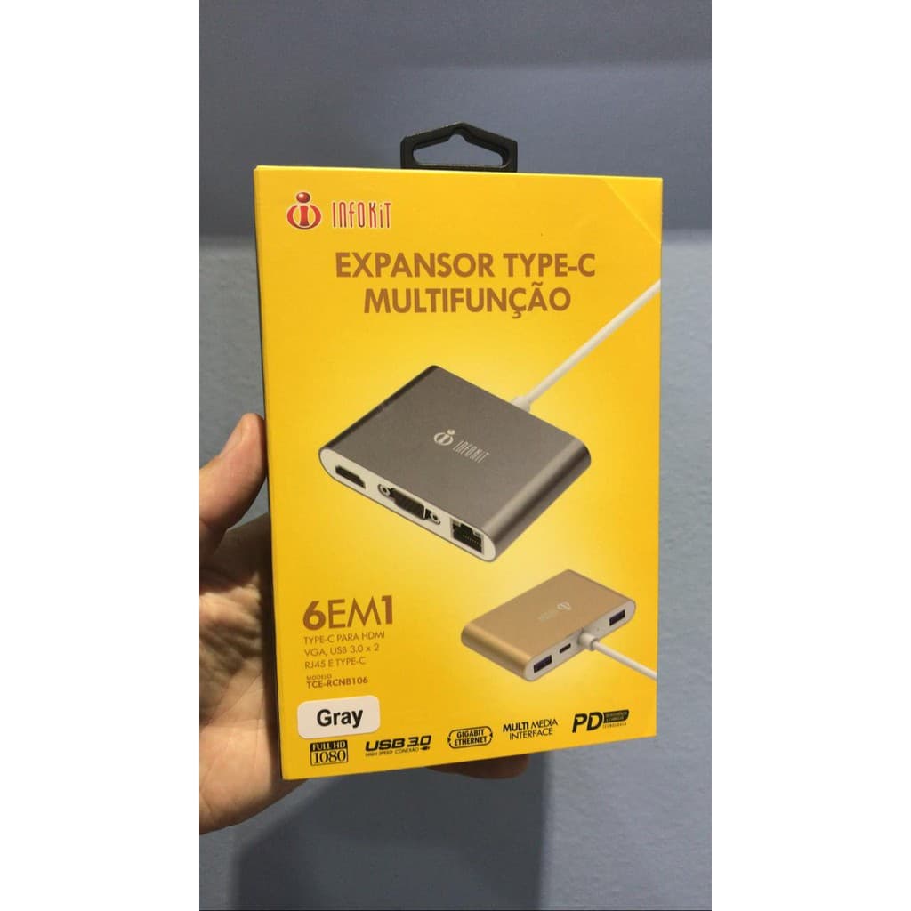 EXTENSOR TYPE C COM MULTIFUNÇÃO 6 EM 1 PARA HDMI, VGA, USB 3.0 X RJ45 E TYPE C