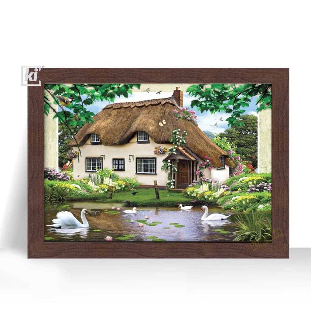 Quadro Decorativo Casa Com Lago De Cisnes moldura 44cm