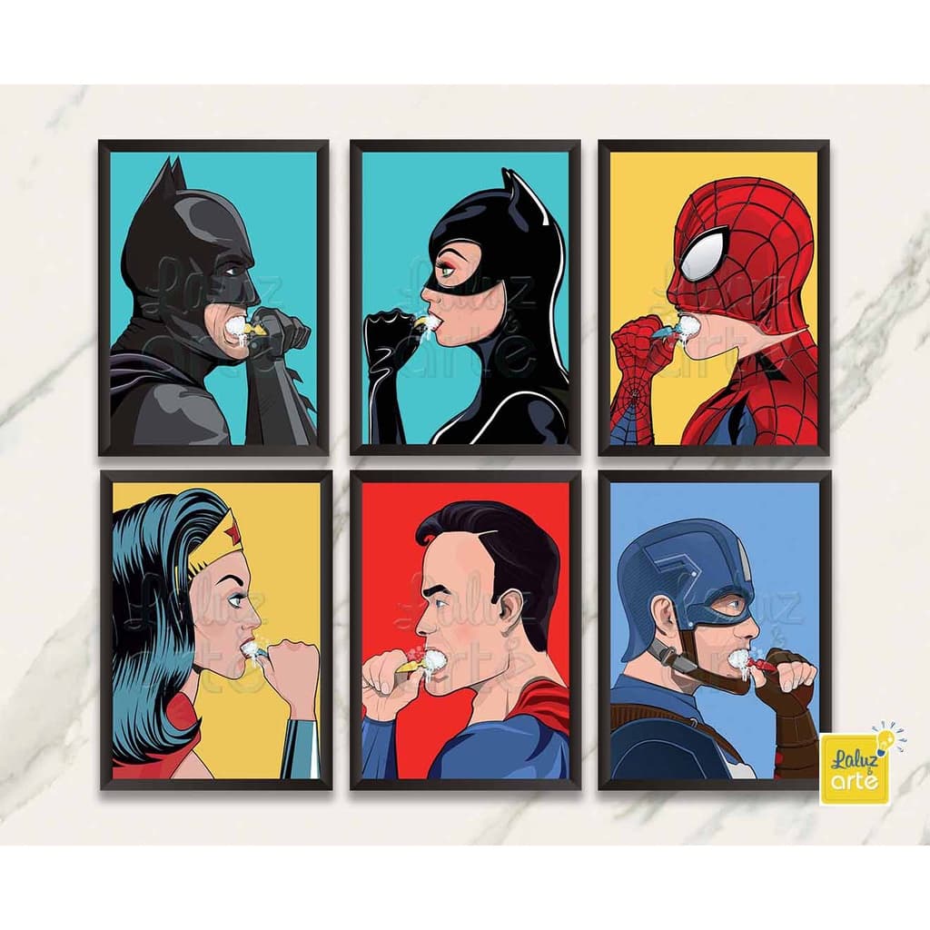 Quadro Super Heróis Escovando os Dentes/Decoração Consultório/Decoração Banheiro/Heróis Escovando