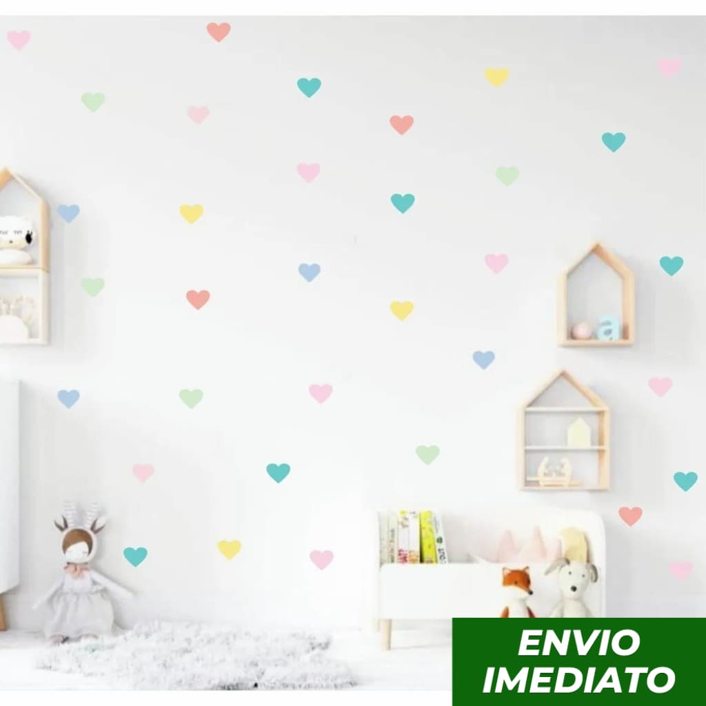 Adesivo De Parede Coração 7x6cm Colorido Tons Pastéis Infantil Kit com 40 Corações
