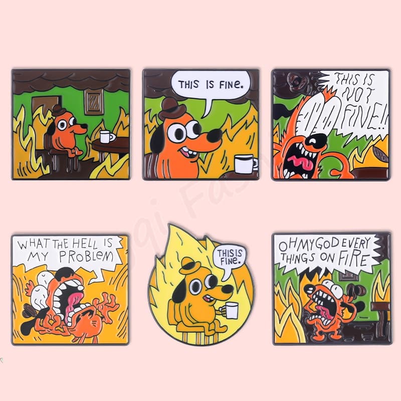 Anime This Is Fine Esmalte Pins Cartoon Hound Yellow Dog Lapel Broches Crachás Bijuteria Cômica Acessórios Gift