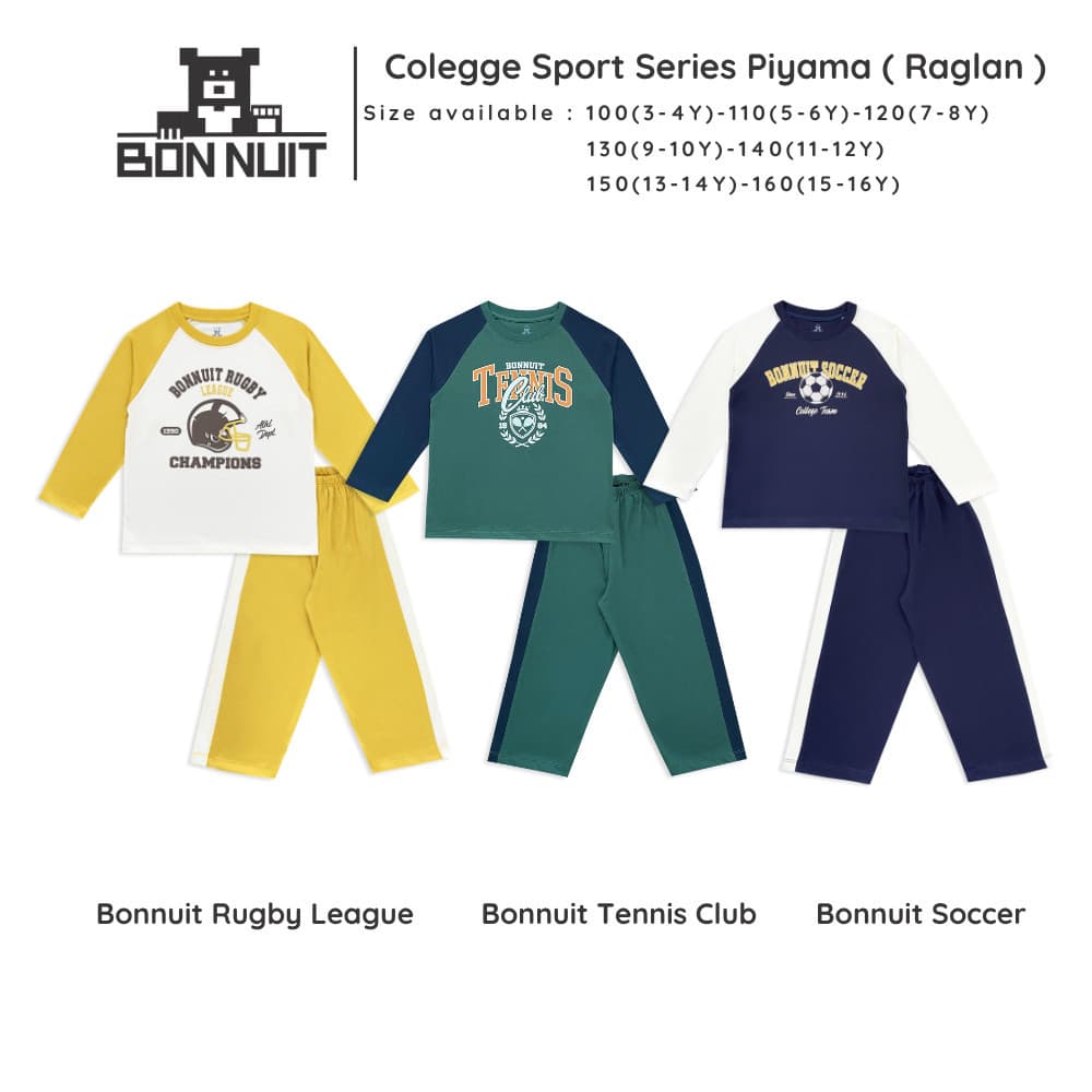 BONNUIT-Pijama Raglan Da Série Esportiva Universitária Para Meninos | Pijamas Infantis Com Calças Compridas 3-9 Anos