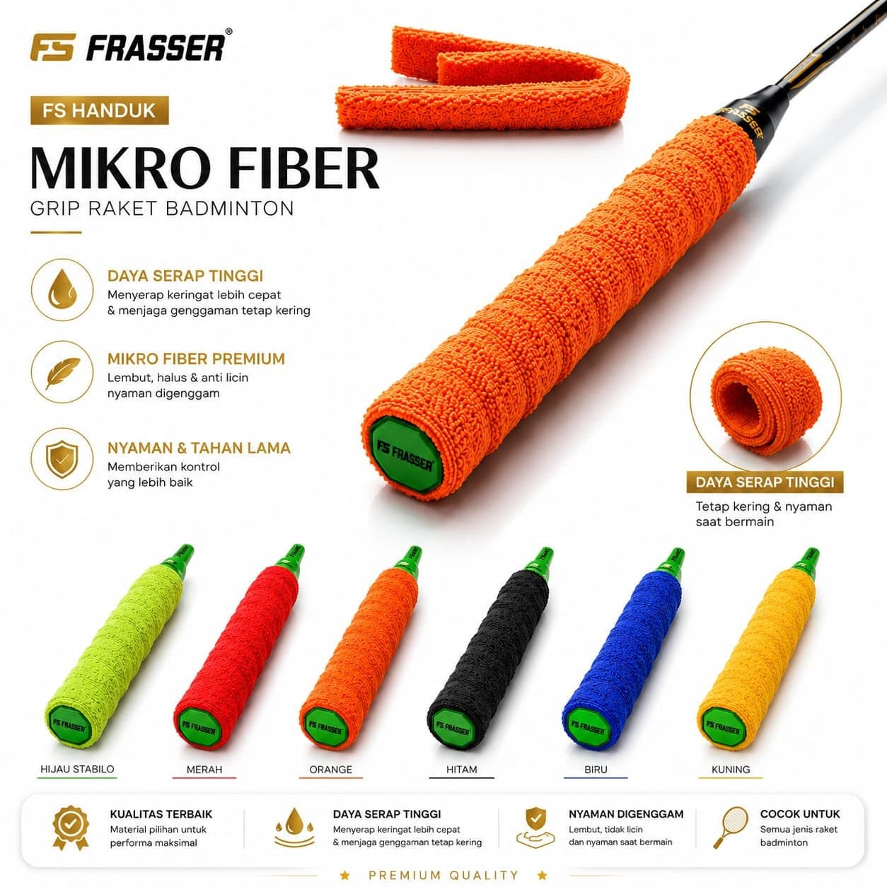 Punho Antiderrapante Para Raquete De Badminton Com Adesivo Durável E Design Ergonômico BN 12 GRP HDK FS 02