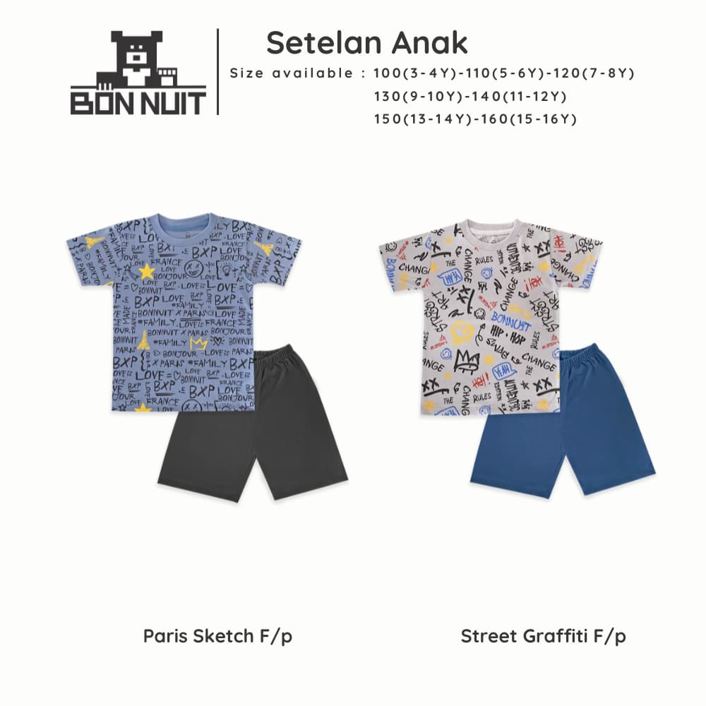 BONNUIT-Conjunto Curto Para Meninos-Pijamas Street Graffiti Series De 3 A 12 Anos
