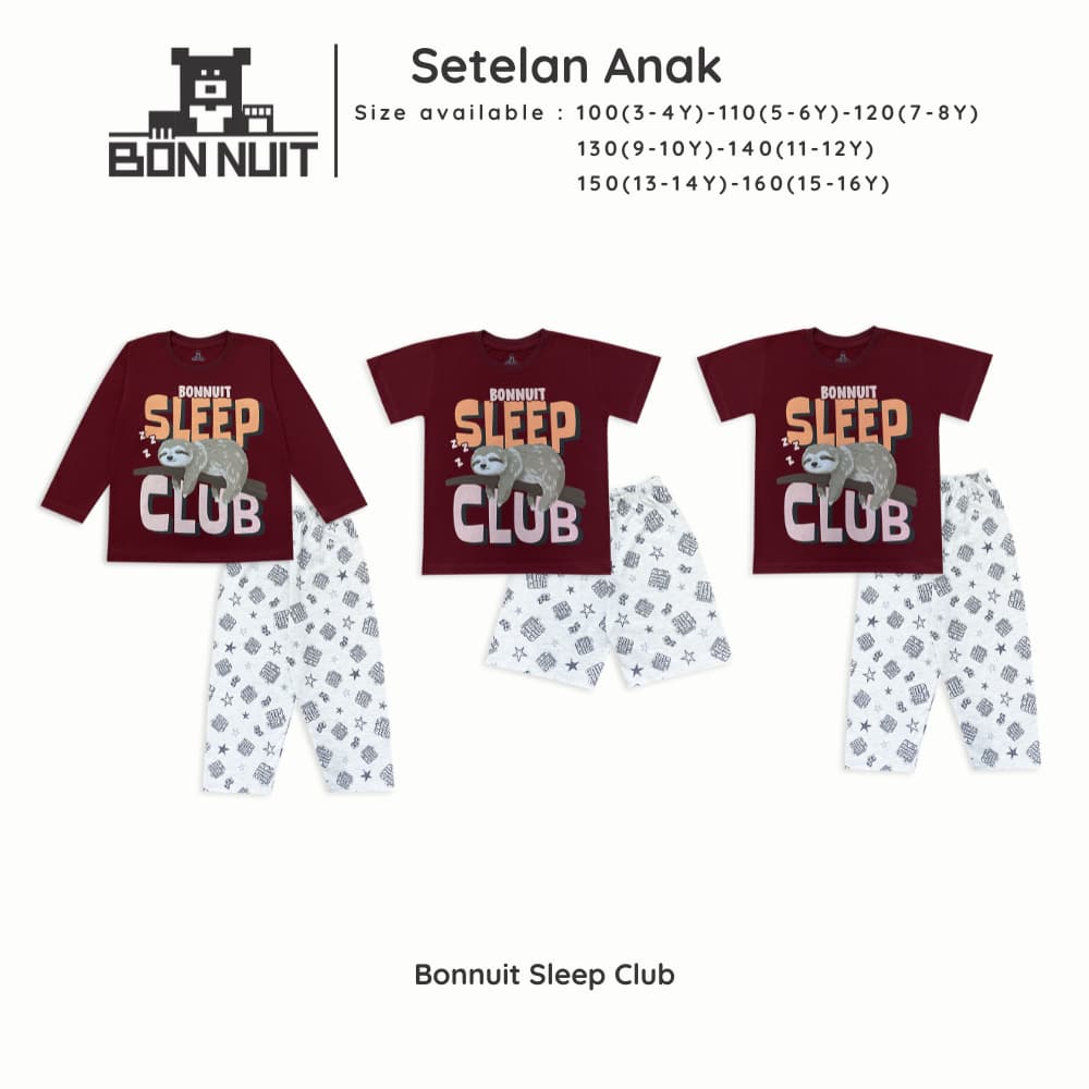 BONNUIT-Roupa Infantil Sleep Club | Pijamas Para Meninos E Meninas Manga Curta Longa Shorts Longos Idades De 3 A 12 Anos