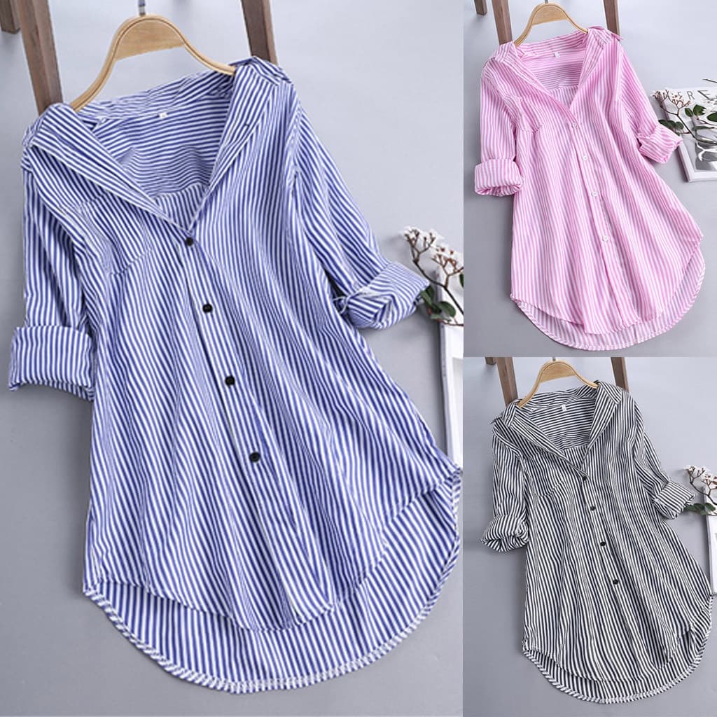 Estações independentes internacionais da Amazon AliExpress na Europa e nos Estados Unidos 2022 Primavera e Verão Chic listrado de mangas compridas com gola solta sob a camisa feminina