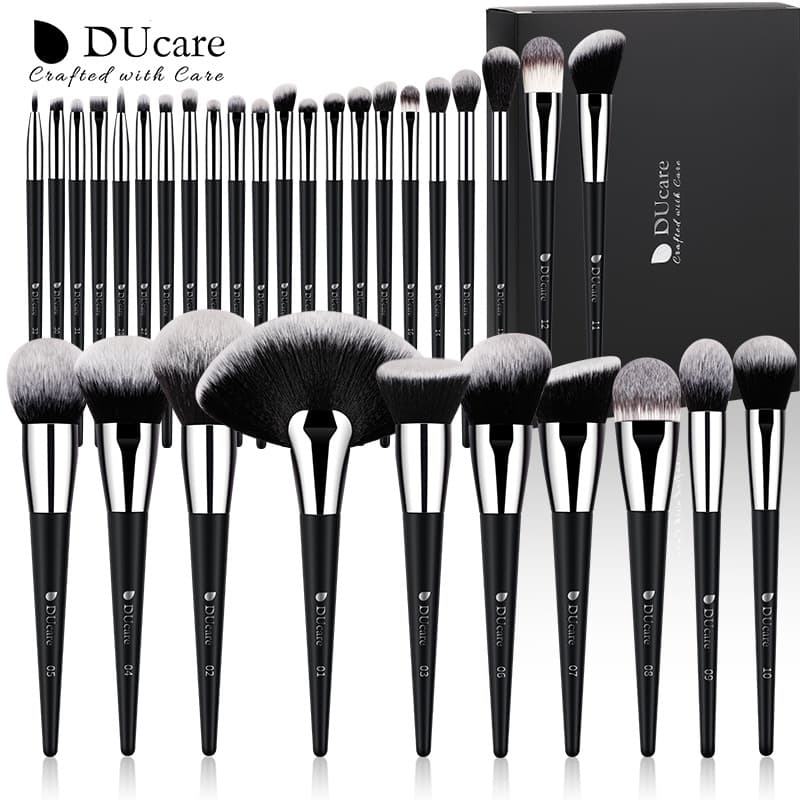 DUcare Kit 32 Pincéis Maquiagem Pretos - Profissional + Estojo - Presente Perfeito
