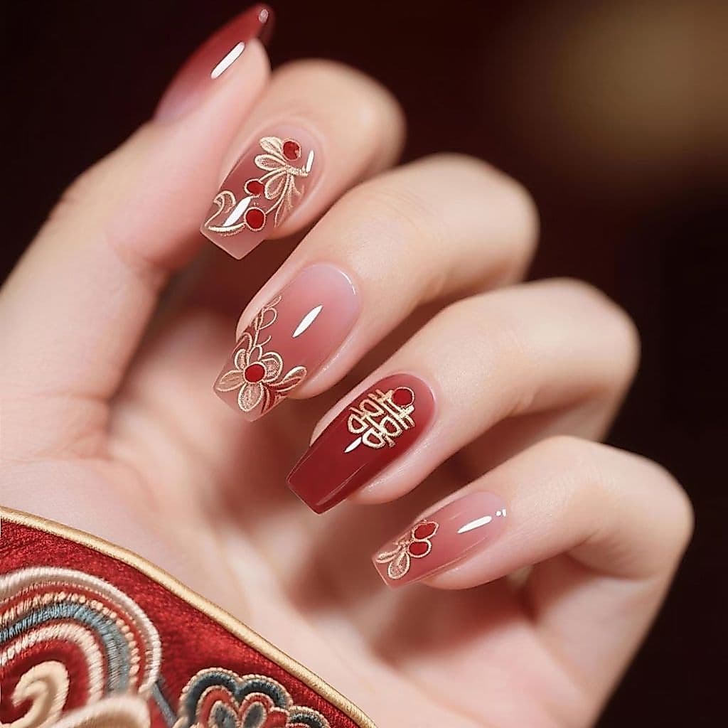 [Bestseller na Loja] Unhas Postiças Vermelhas Estilo Chinês, Comprimento Médio, Unhas Postiças Vintage de Novo Estilo Ch
