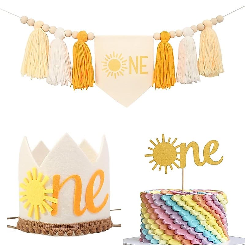 Crianças Sol 1o Aniversário Decoração Conjunto Banner Feltro Coroa Bolo Topper Para Meninos Meninas Primeiro Festa