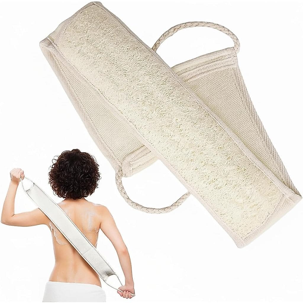 Esfregão Natural de Bucha para as Costas para o Banho, Esfoliante Corporal com Pano de Algodão Macio e Alças de Corda -