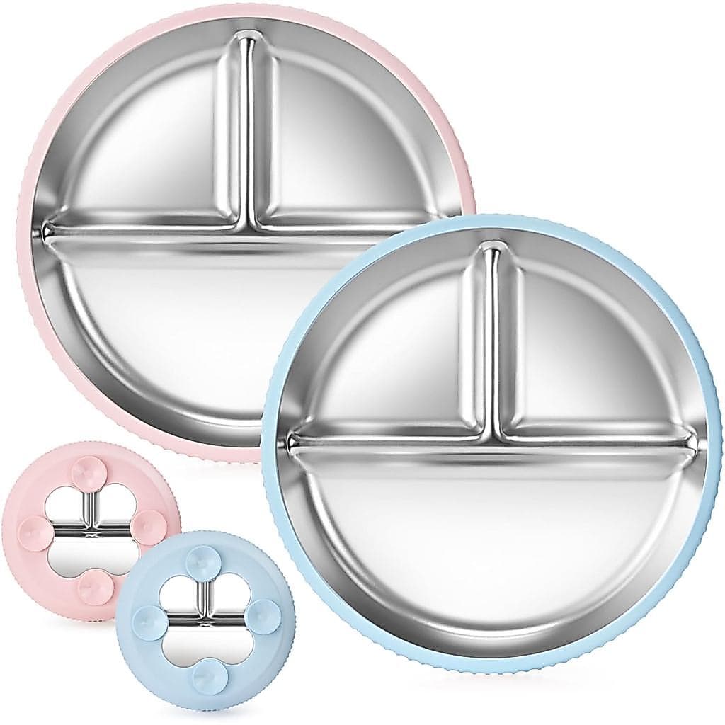 Conjunto de 2 Pratos Infantis de Aço Inoxidável com Bases de Sucção, Pratos Divididos para Crianças de 8,26" com Mangas