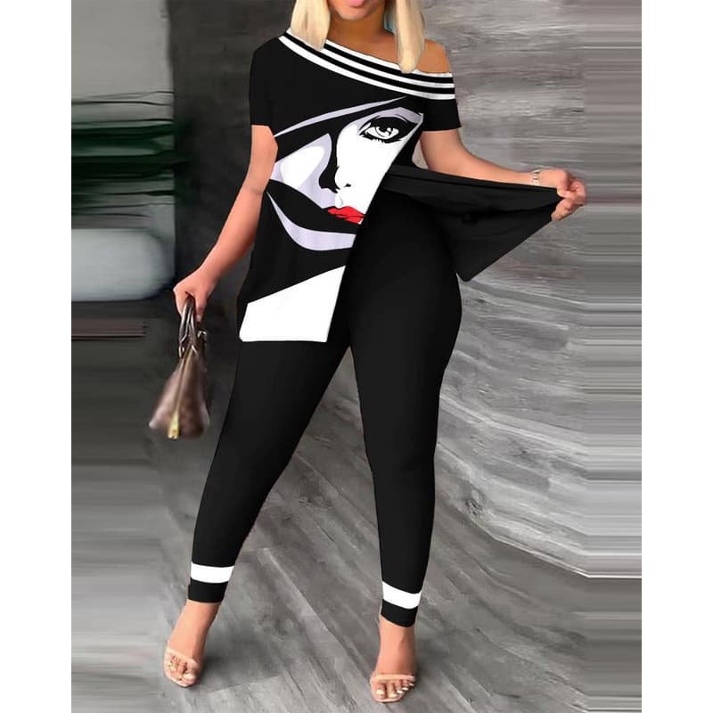 Conjunto De Duas Peças Fahion Two Piece Sets 2023 Elegante Skinny Skew Neck Letter Imprimir Manga Curta Split Hem Top E Calça Lápis