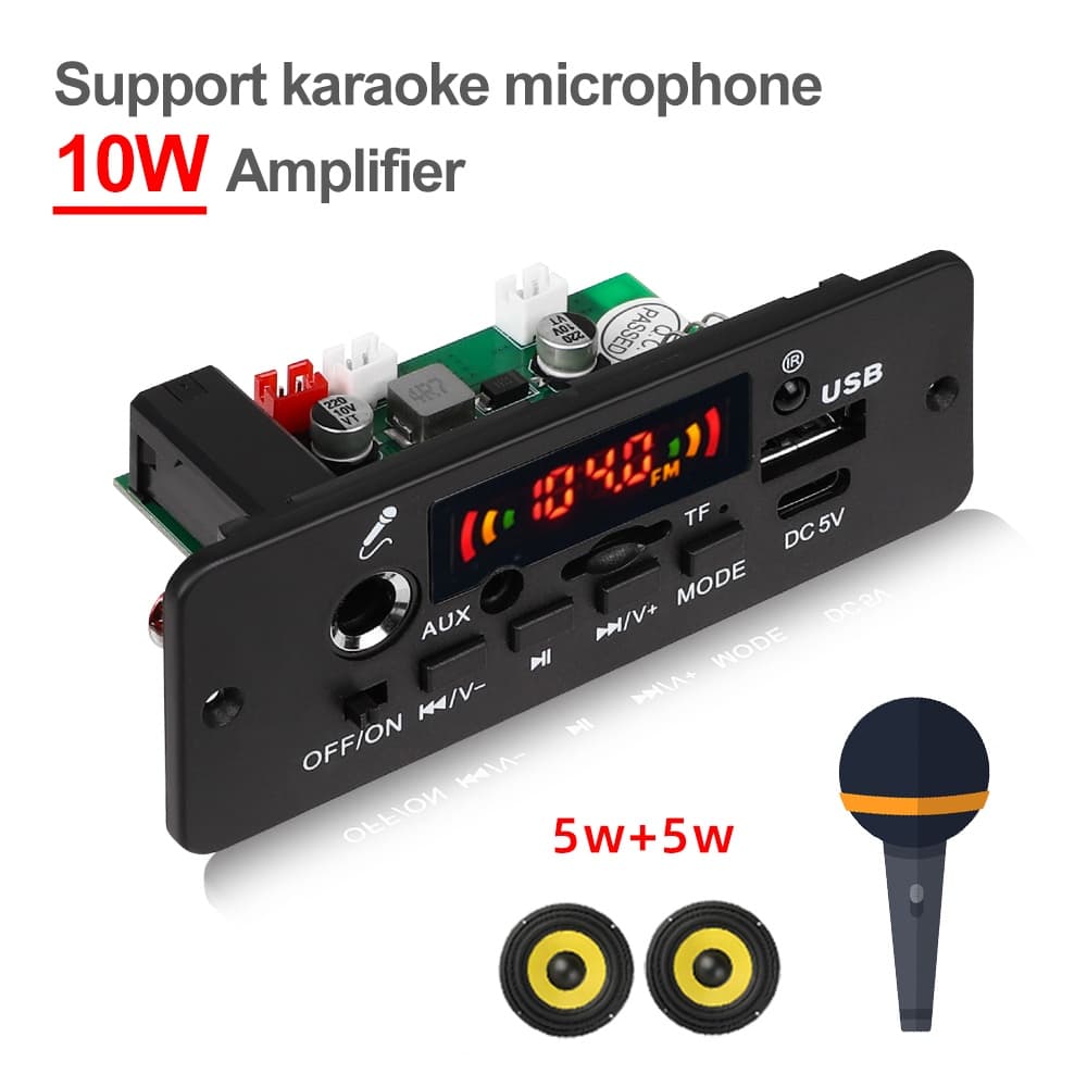 Placa De Decodificadora Amplificadora De Potência Bluetooth 5.0 De Áudio Decodificação MP3 De 2x5W Função Microfone De Bordo De Carro