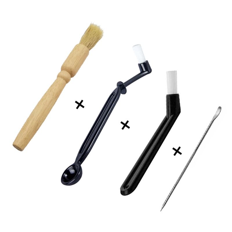 4Pcs Pincéis Para Café , Pincel Limpeza De Em Madeira + PP Com Colher De Sopa Caneta De Puxar Arte Aço Inoxidável