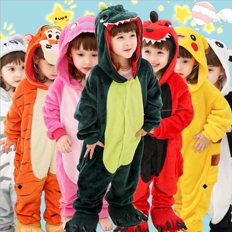 Kigurumi Kids Cute Dinosaur Stitch Pikachu Vaca Panda Animal Pijamas Crianças Meninas Meninos Onesies