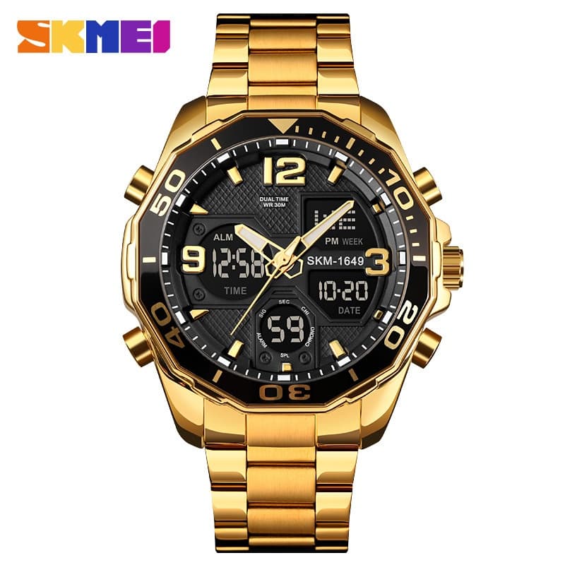 SKMEI 1649 LED Double Display Relógio Digital De Quartzo À Prova D'água Em Aço Inoxidável