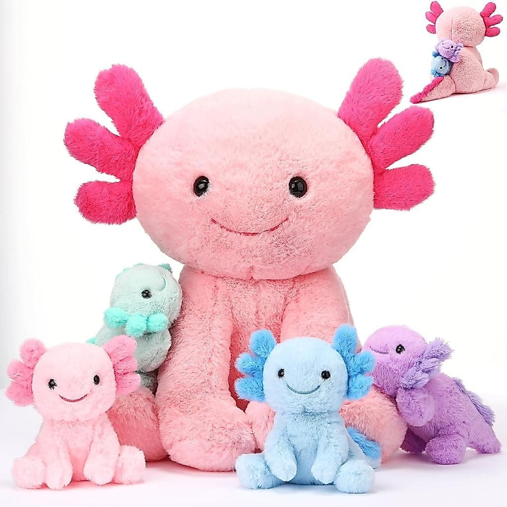 Lenwen 5 Peças de Brinquedos de Pelúcia Axolote: 1 Mãe com 4 Bebês Fofos Axolote, Bichos de Pelúcia em Forma de Barriga,