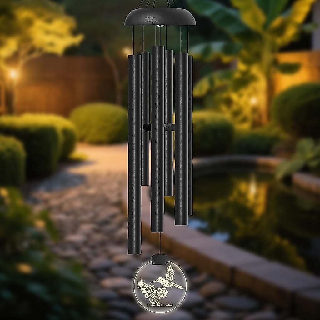 Sinos de Vento Solares para Exterior, 6 Tubos com Melodia Relaxante e Apanhador de Vento LED em Forma de Beija-Flor, Sin