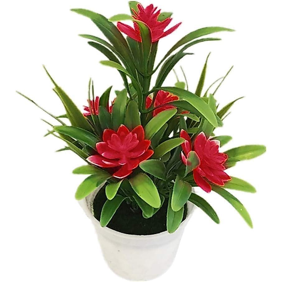 Dollhouse 1: 12 Red Artificial Lotus Flowers in Plastic Vase, Mini Potted Flowers for Home, Office, Wedding Centerpiece