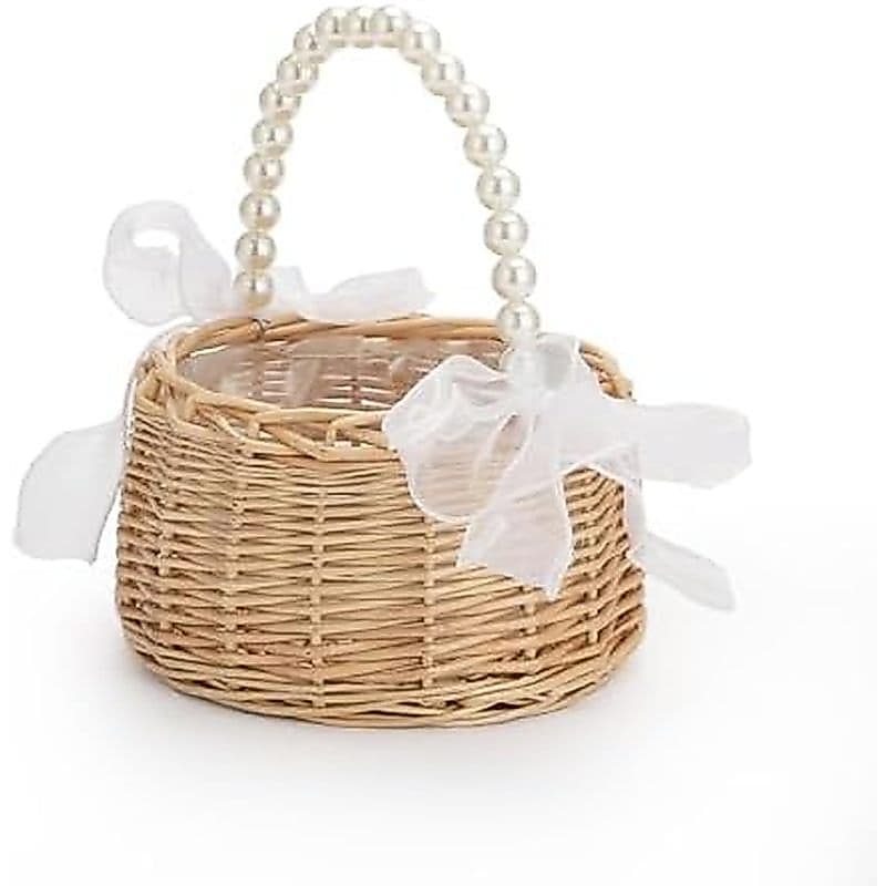 Cesta De Flores De Casamento Elegante Com Alça De Pérola E Laço De Fita , Cetim Para Vime Rústica Tecida À Mão , Baske D