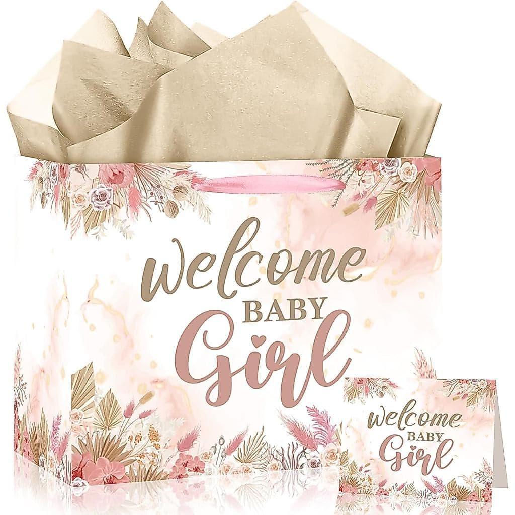 Sacola de Presente Woosytoo para Bebê Menina, Estilo Boho, com Capim-dos-Pampas, Cartão de Saudação e Papel de Seda Dour