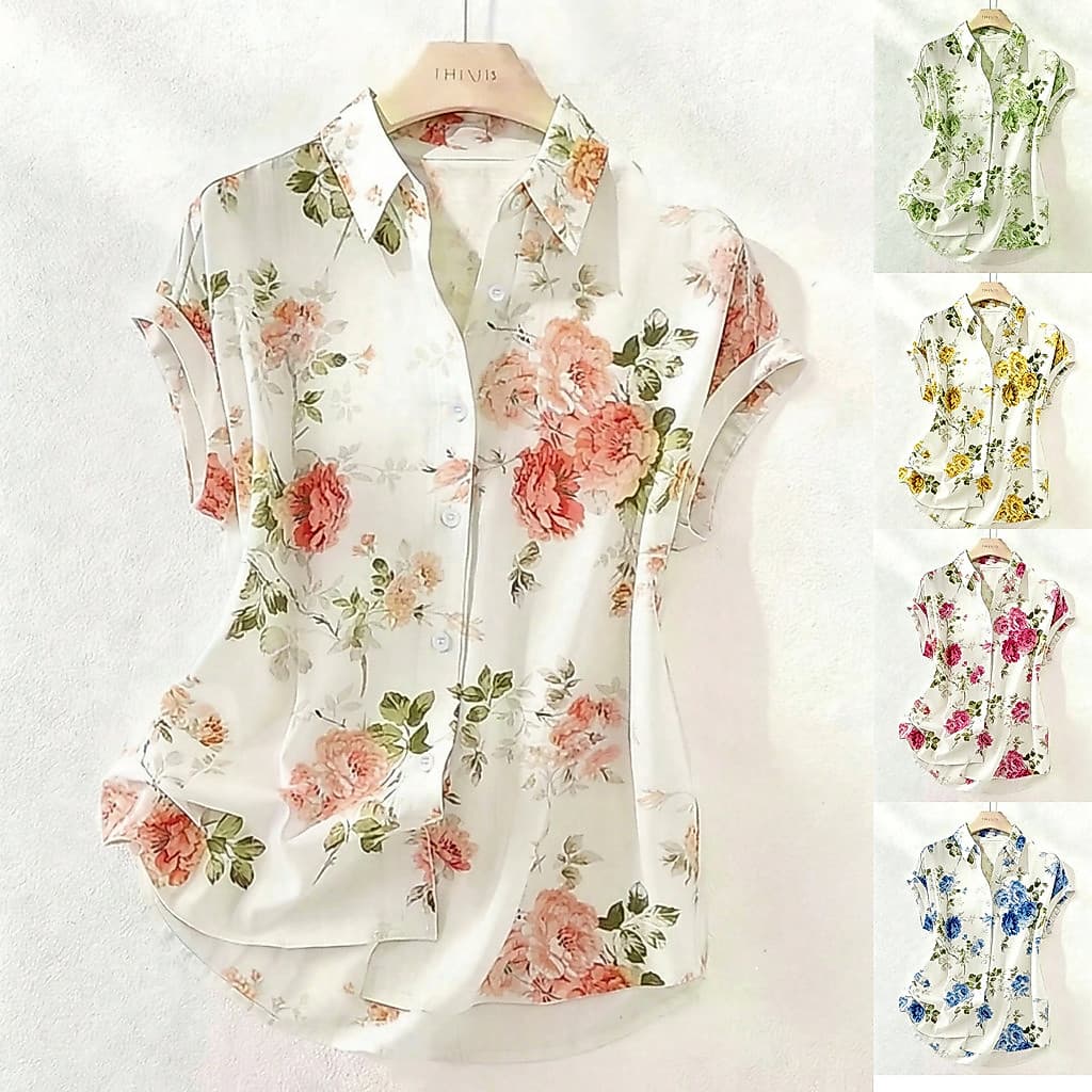 Roupas femininas europeias americanas ebay novo estilo elegante Casual estampa Floral lapela camisa feminina Top