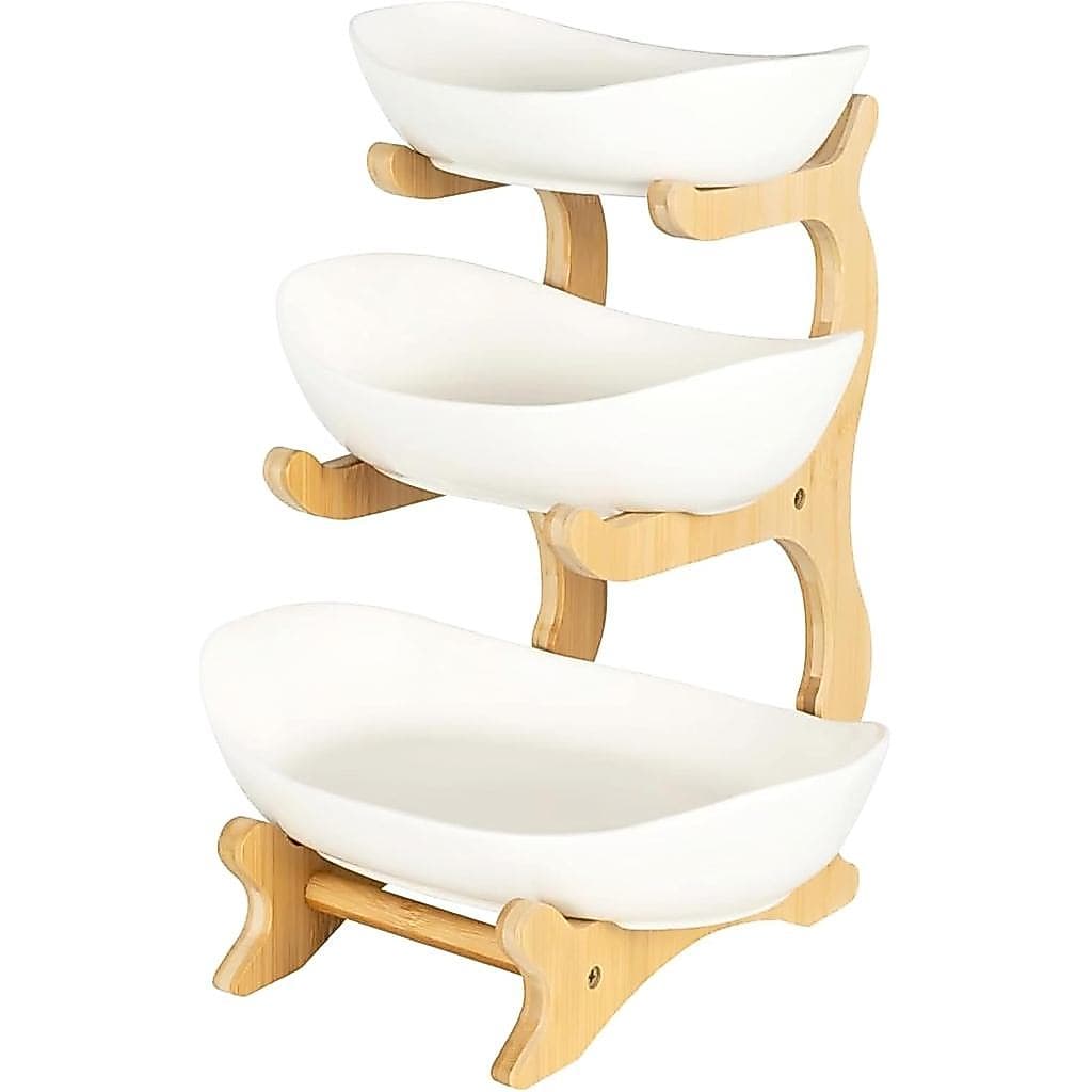 Cesta de Frutas Oval de 3 Níveis com Suporte de Bambu, Organizador Decorativo em Camadas para Frutas, Cesta de Frutas pa