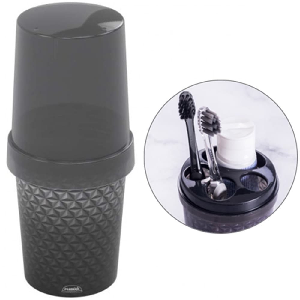 Porta Escova Dental De Pia Plastico Redondo Com Tampa 430ml