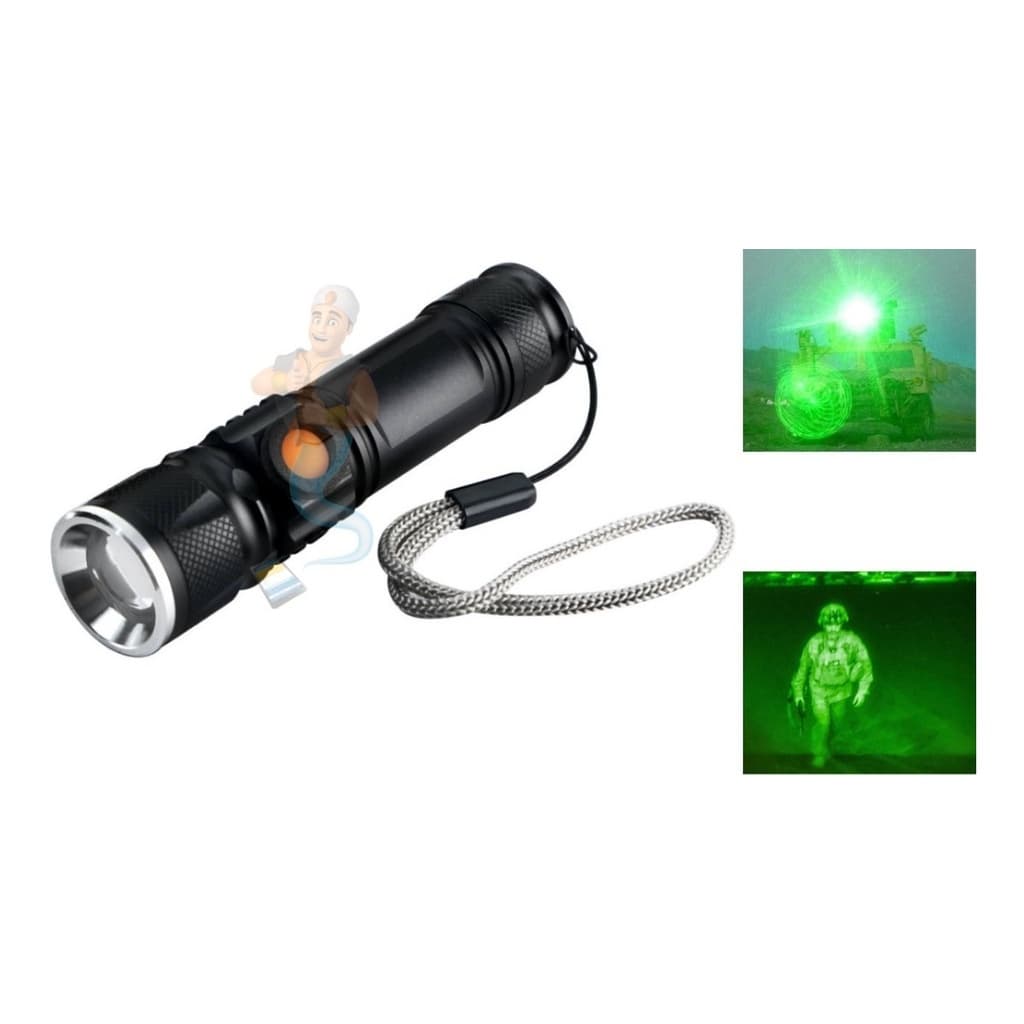 Lanterna Recarregavel Usb Com Zoom Luz Verde Tatica Militar