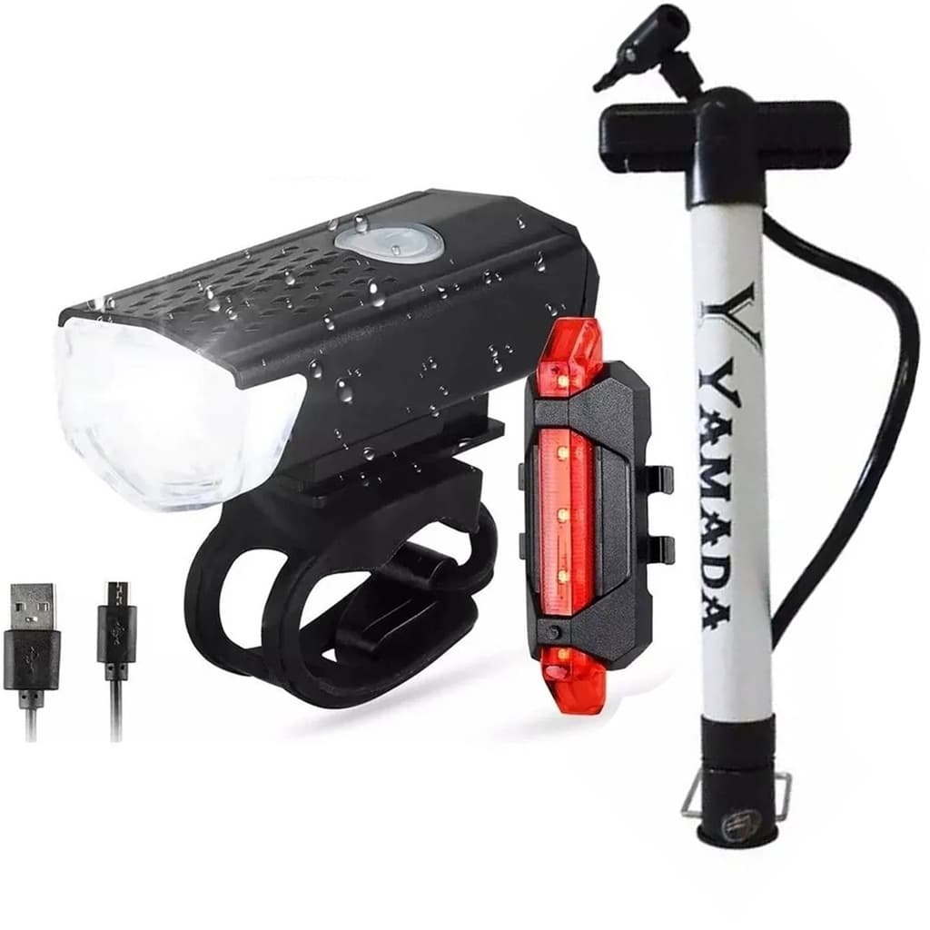 Farol Bike Luz Led Usb Recarregável 300 Lumens Sinalizador Traseira + Bomba De Bike De Encher Pneu Alumínio 30cm Yamada