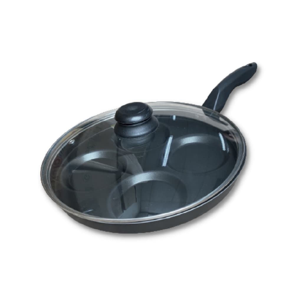 Frigideira 4 Ovos Hamburgueres Com Tampa De Vidro Alumi-Aço Linha Premium J4TECH Alumínio Antiaderente Teflon Ultra Resistente