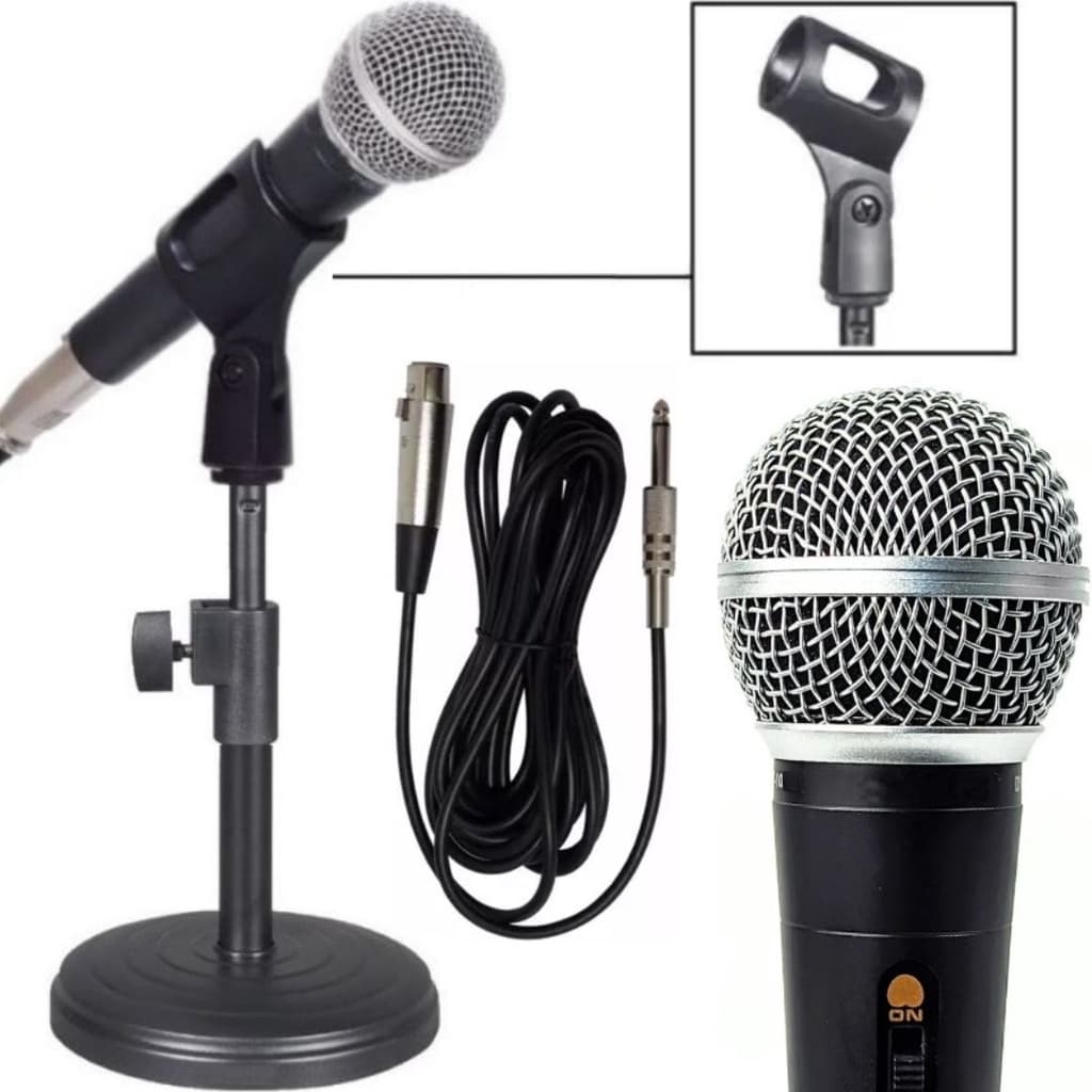 Kit Microfone Dinâmico Profissional Com Fio 5m + Suporte Tripé Pedestal Mesa Bancada
