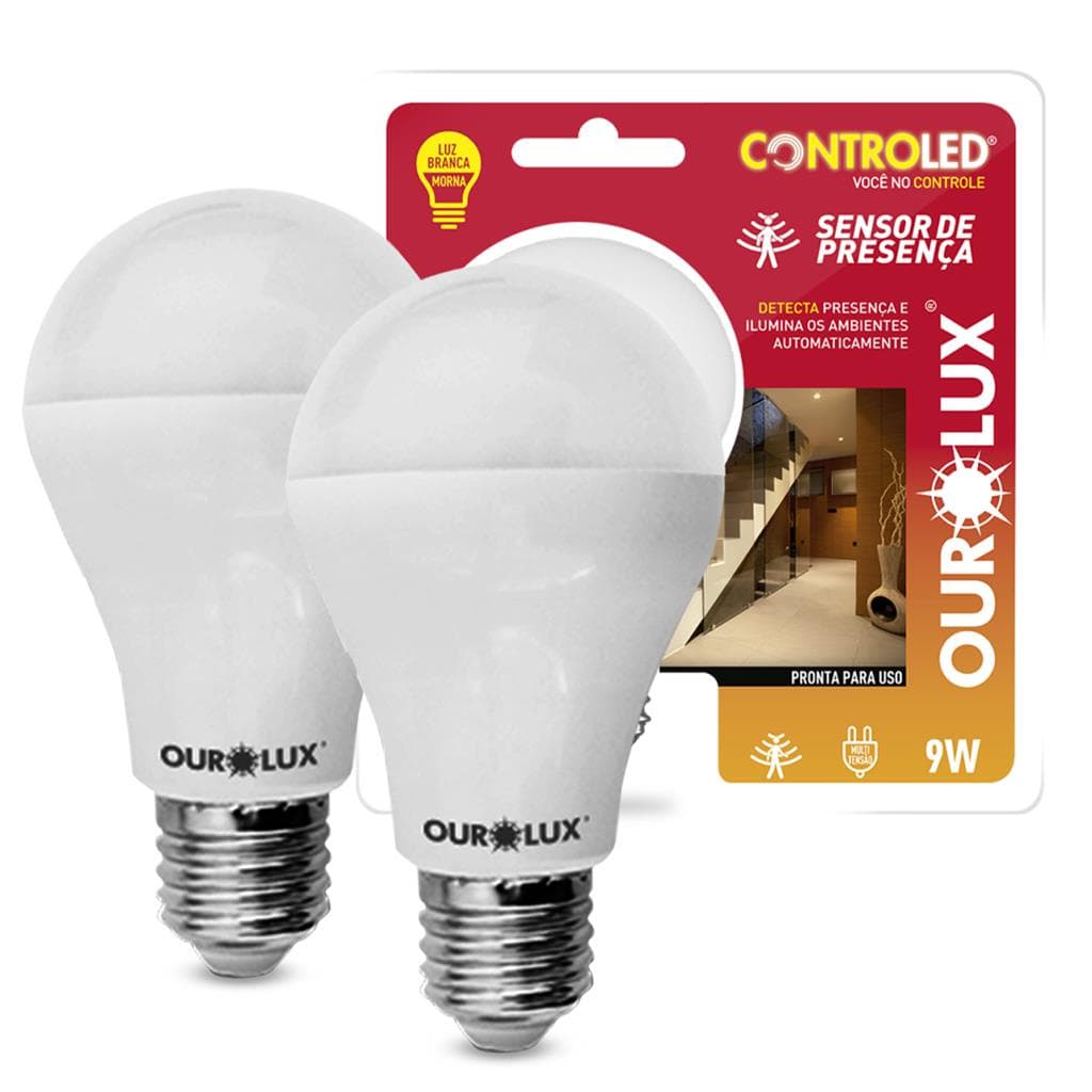 Kit 2 Lampadas Led Inteligente Sensor Presenca 9W E27 2700K
