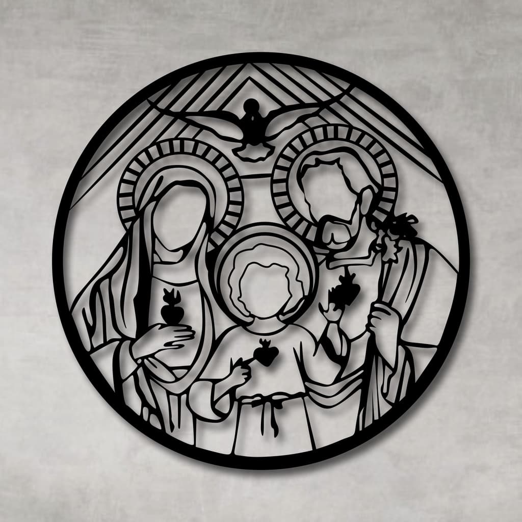Quadro Decorativo Vazado Vitral Religioso Sagrada Familia Escultura de Parede MDF Preto