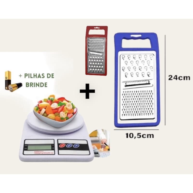 Balança Digital de Cozinha 1g a 10kg Nutrição Dieta Fitness +Pilhas + Ralador Multifuncional