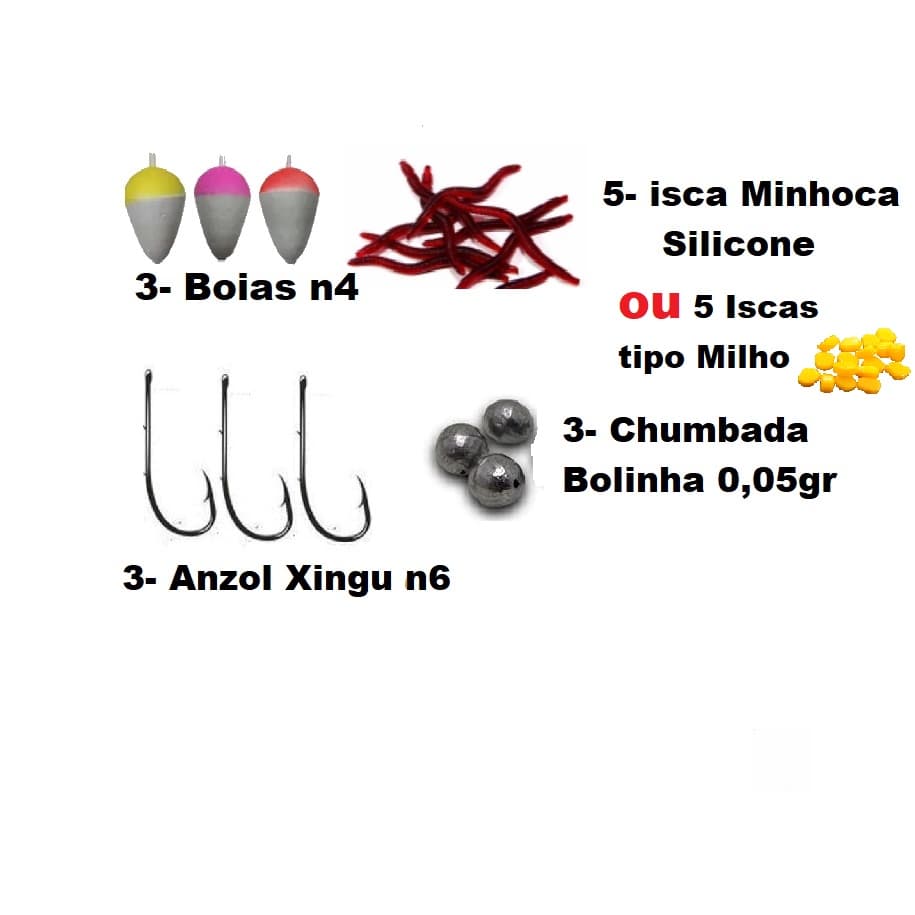Kit Pesca Completo Simples Boia, Anzol, Isca, Chumbada - SM
